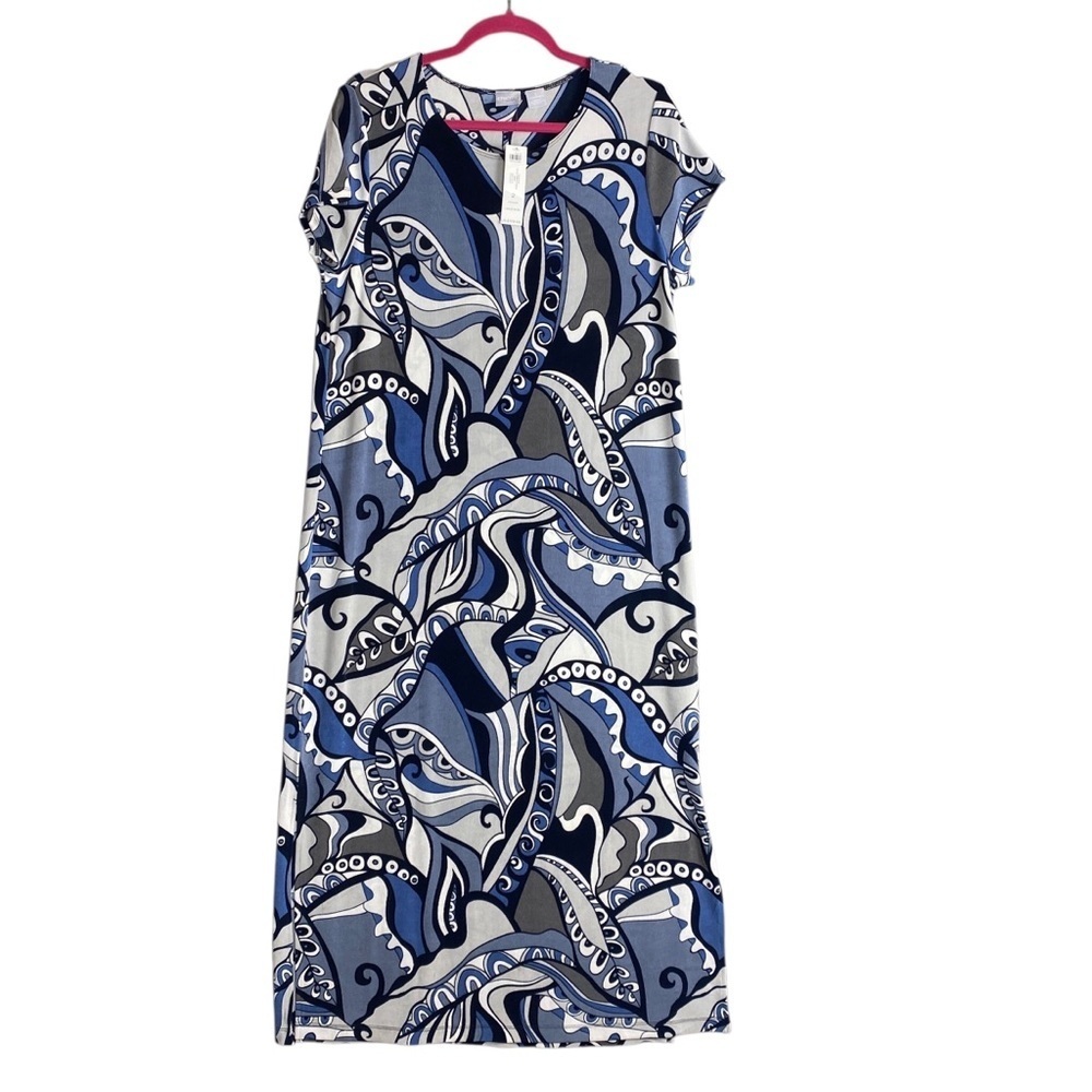 Chico’s Travelers Geometric print cap sleeve slinky Maxi dress size 2 US 12-14